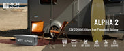 Rich Solar Alpha 2 12V 200Ah LiFePO4 lithium iron phosphate battery placed on a beach next to an RV camper trailer and surfboard, showing icons for RV, van, off-grid, cabin, DIY, and marine applications.