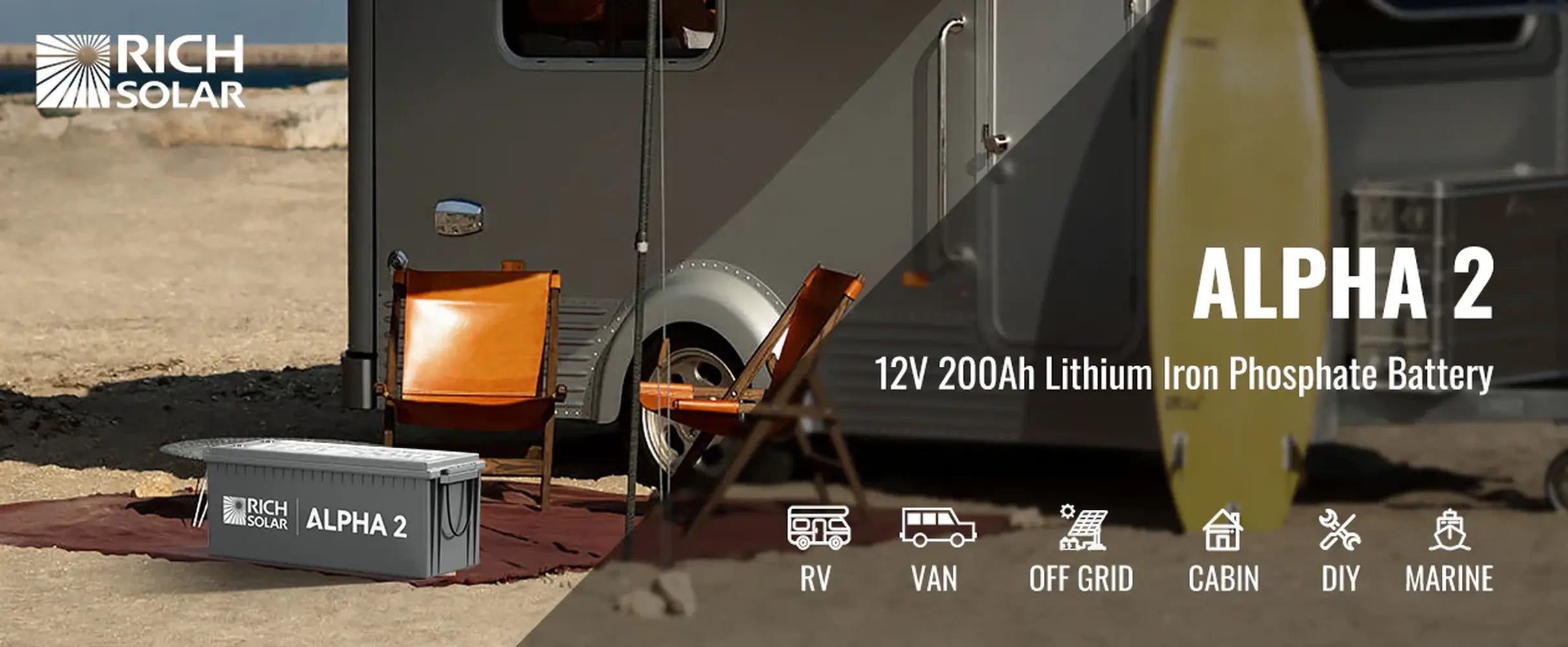 Rich Solar Alpha 2 12V 200Ah LiFePO4 lithium iron phosphate battery placed on a beach next to an RV camper trailer and surfboard, showing icons for RV, van, off-grid, cabin, DIY, and marine applications.