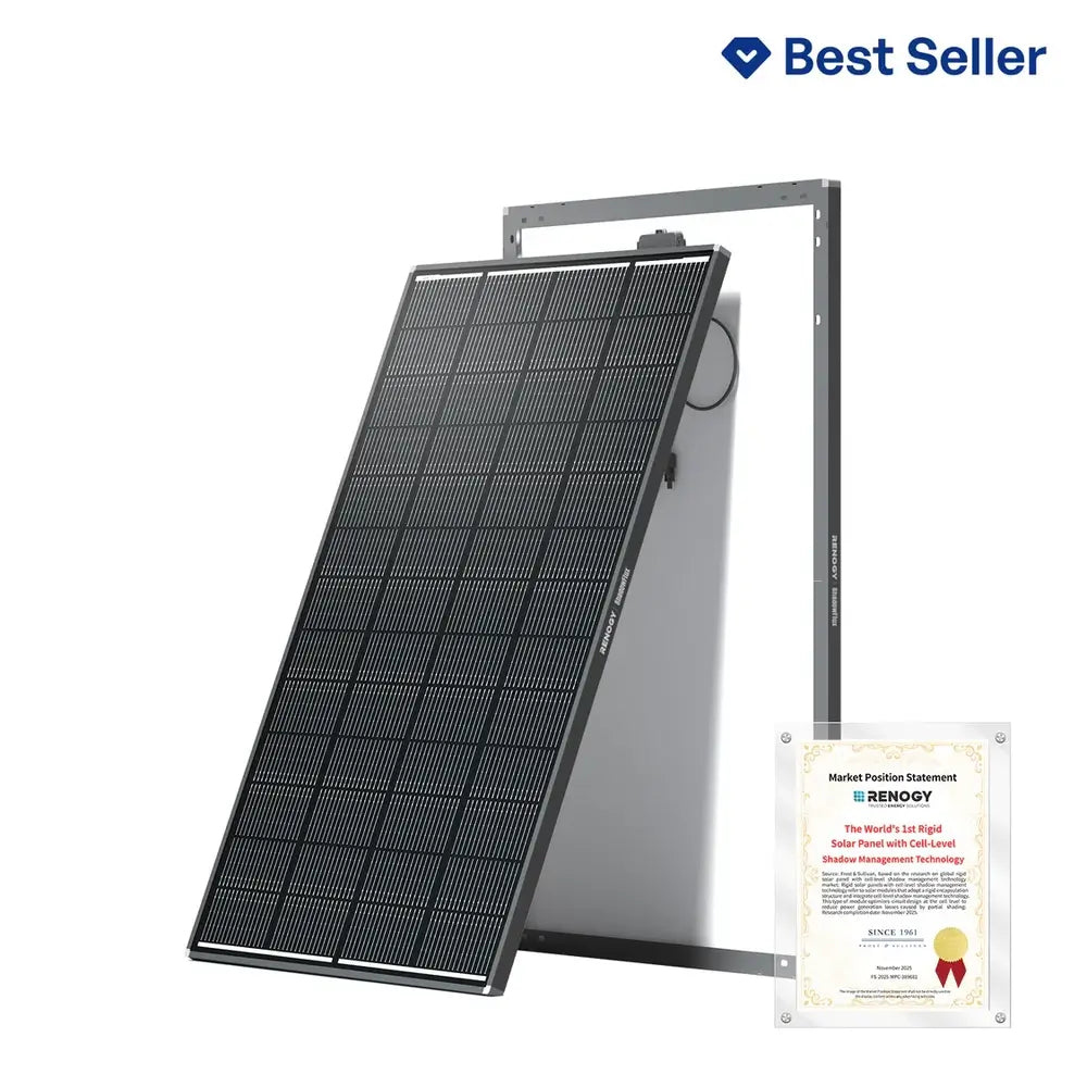 Renogy ShadowFlux 120W anti-shading N-type rigid solar panel displayed next to a Frost & Sullivan Market Position Statement certificate.