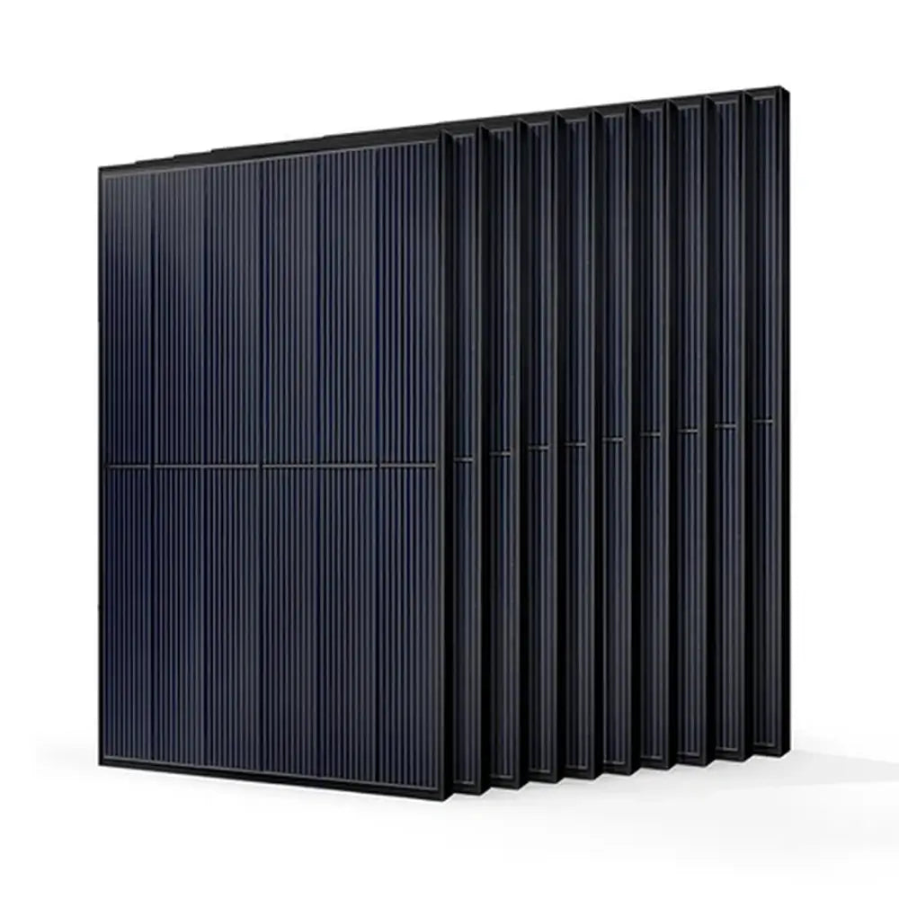 A bundle of ten Rich Solar Mega 410W monocrystalline solar panels stacked together for a high-efficiency residential off-grid solar array.
