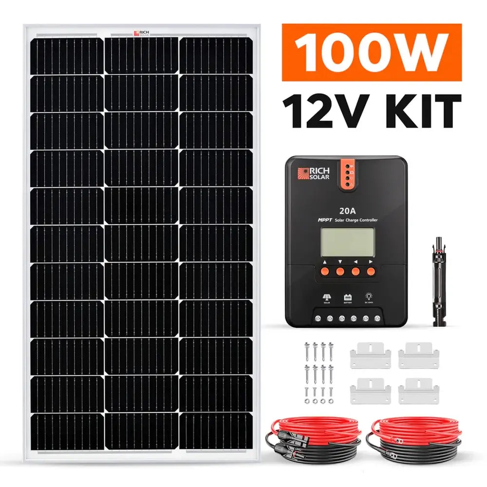Rich Solar 100W 12V solar kit product package display with text overlay, showing the included 20A MPPT controller, solar cables, and mounting hardware on a white background.