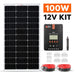 Rich Solar 100W 12V solar kit product package display with text overlay, showing the included 20A MPPT controller, solar cables, and mounting hardware on a white background.