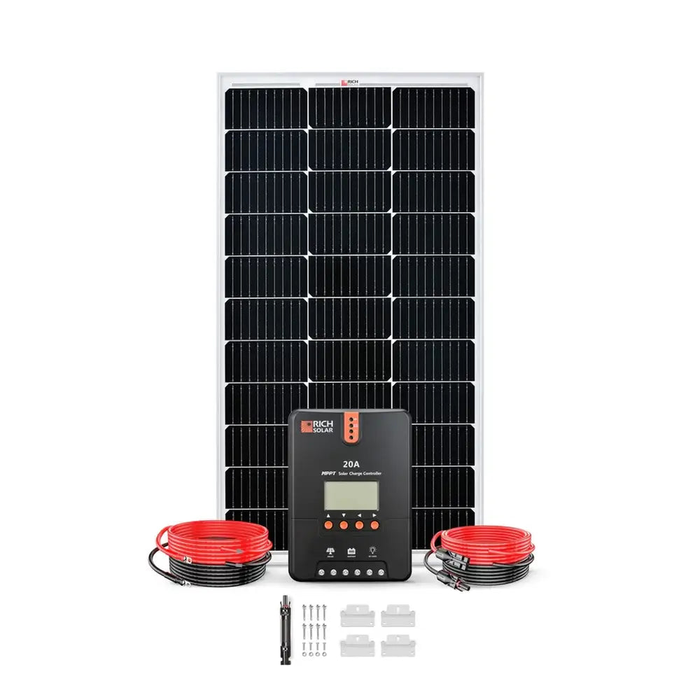 Front-facing product layout of the Rich Solar RS-K1002 100W solar panel kit, featuring the 20A MPPT charge controller positioned in front of the monocrystalline panel with accompanying installation accessories.