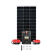 Front-facing product layout of the Rich Solar RS-K1002 100W solar panel kit, featuring the 20A MPPT charge controller positioned in front of the monocrystalline panel with accompanying installation accessories.