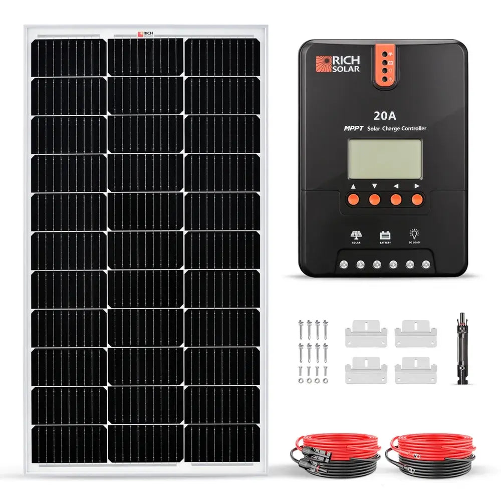 Product components of the Rich Solar RS-K1002 100W solar kit, including a 100-watt monocrystalline solar panel, 20A MPPT charge controller, mounting Z-brackets, inline fuse, and red and black solar wires.