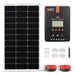 Product components of the Rich Solar RS-K1002 100W solar kit, including a 100-watt monocrystalline solar panel, 20A MPPT charge controller, mounting Z-brackets, inline fuse, and red and black solar wires.