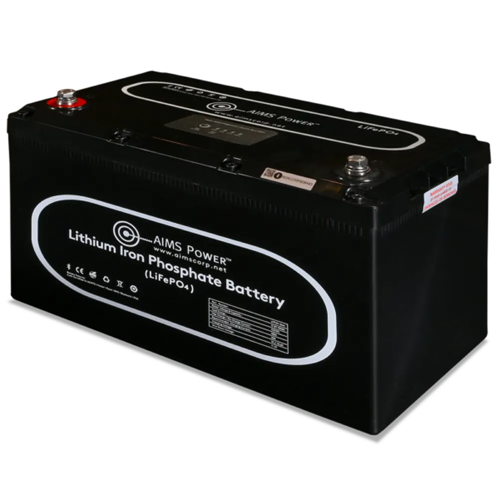 Angled view of AIMS Power 12V 104Ah lithium iron phosphate battery with top terminals and black durable case.