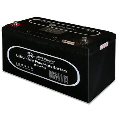 Angled view of AIMS Power 12V 104Ah lithium iron phosphate battery with top terminals and black durable case.