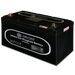 Angled view of AIMS Power 12V 104Ah lithium iron phosphate battery with top terminals and black durable case.