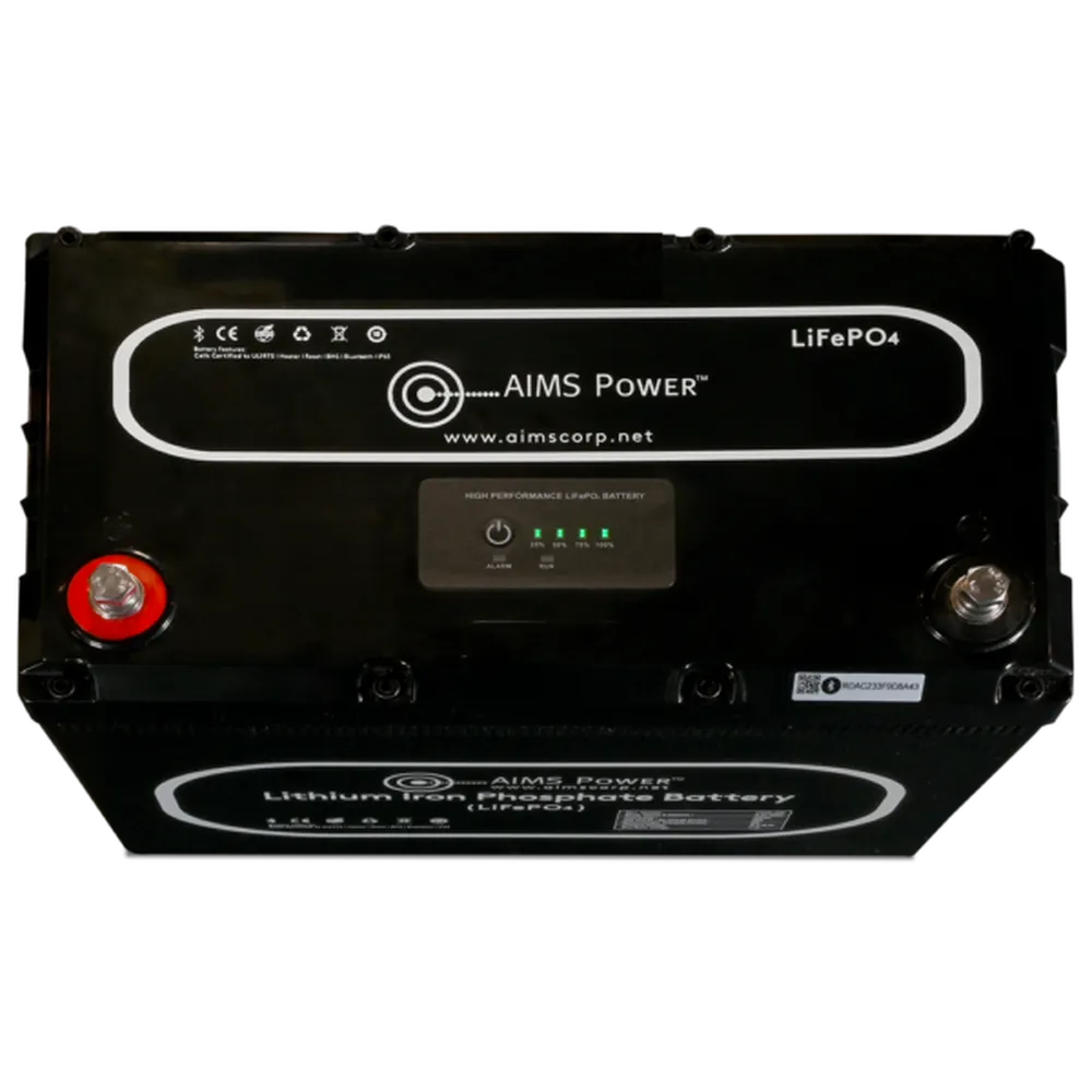 Top view of AIMS Power LiFePO4 battery showing LED charge indicator, positive and negative terminals, and QR label.