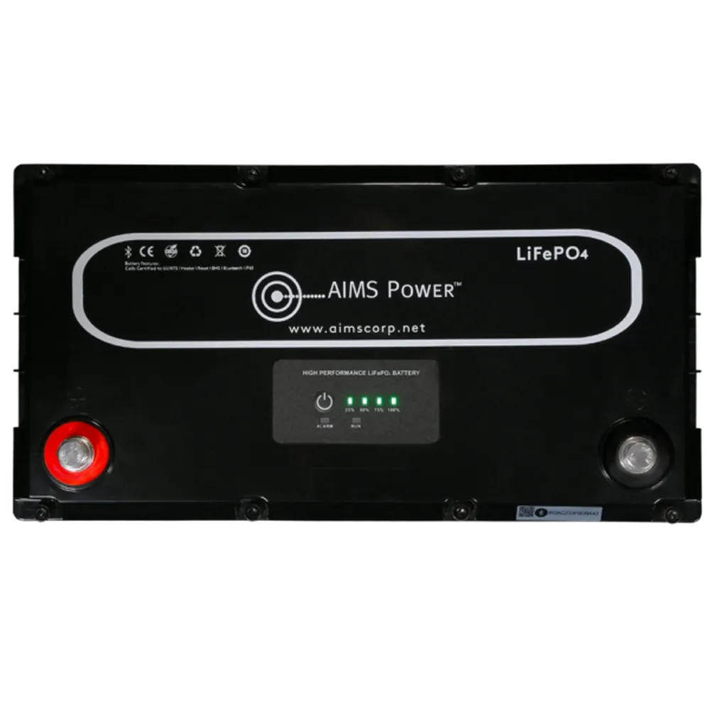 Close-up top view of AIMS Power LiFePO4 battery with Bluetooth icons, charge status display, and dual terminals.