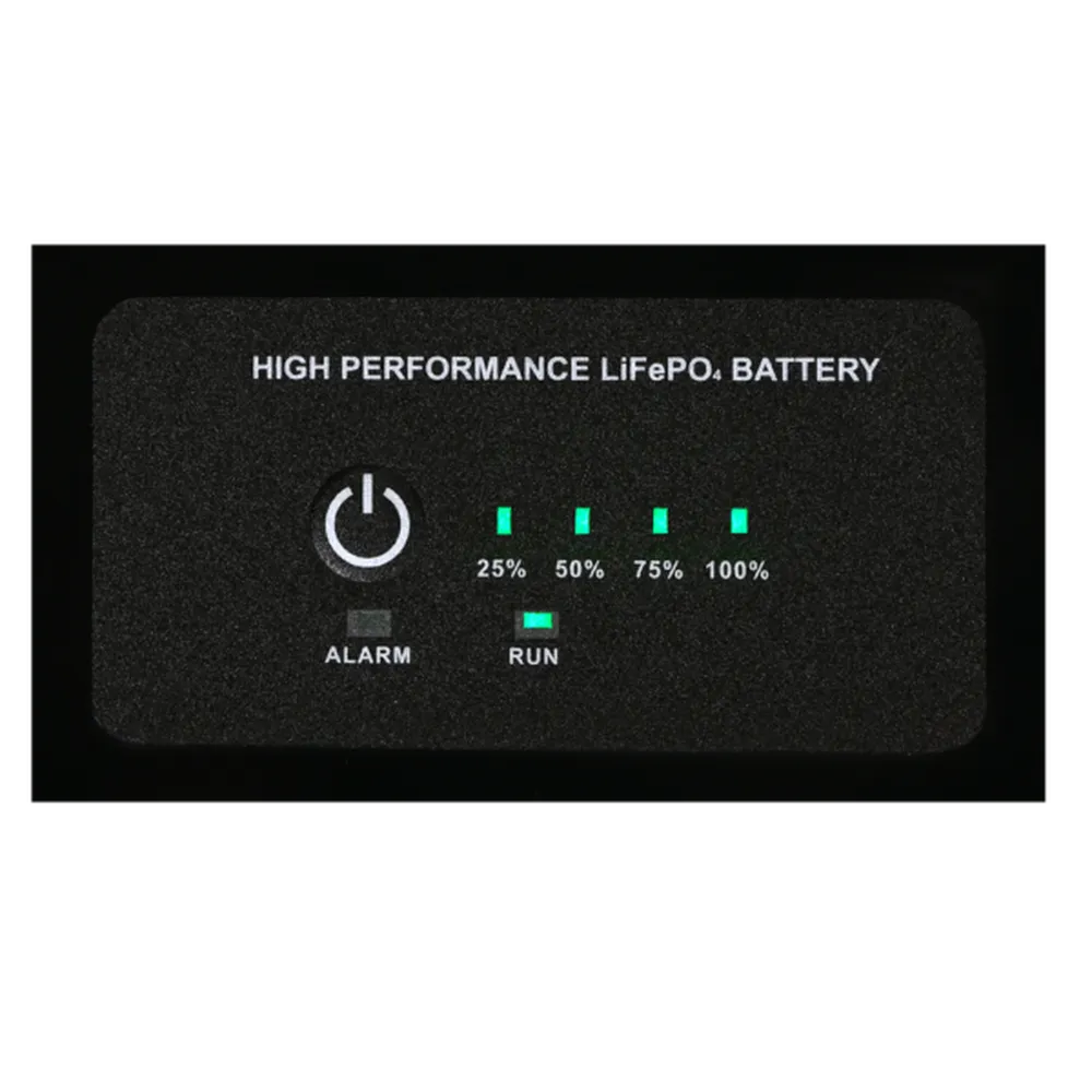 High performance LiFePO4 battery LED display showing alarm, run, and 25% to 100% charge indicators.