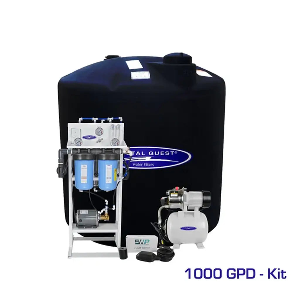 Crystal Quest 1000 GPD Whole House Reverse Osmosis System with 220-gallon wide water storage tank and delivery pump.