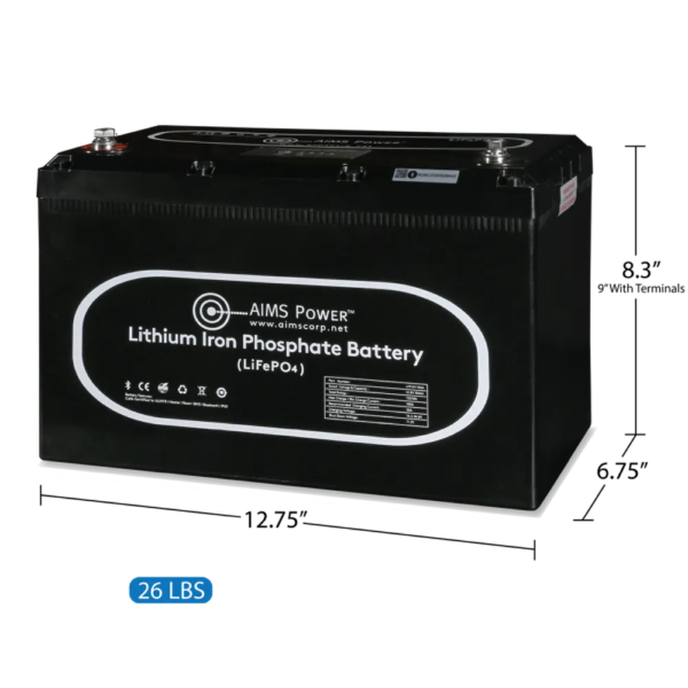 AIMS Power 12V 104Ah LiFePO4 lithium battery product image showing lightweight 26 lb design.