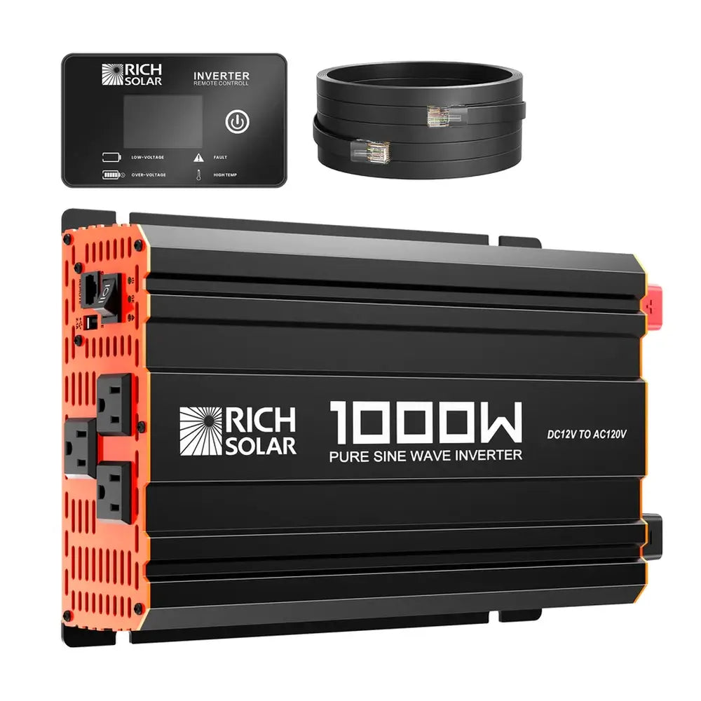 Rich Solar NOVA PURE 1K 1000W Pure Sine Wave Inverter unit shown with its included digital remote control display panel and communication cable.