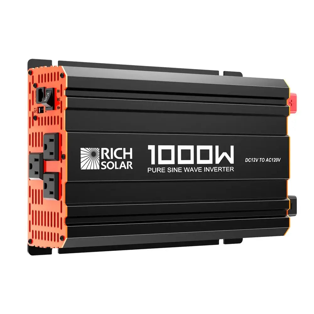 Rich Solar NOVA PURE 1K 1000W pure sine wave inverter front view highlighting the black aluminum housing, orange end caps, three AC outlets, and power switch.