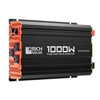 Rich Solar NOVA PURE 1K 1000W pure sine wave inverter front view highlighting the black aluminum housing, orange end caps, three AC outlets, and power switch.