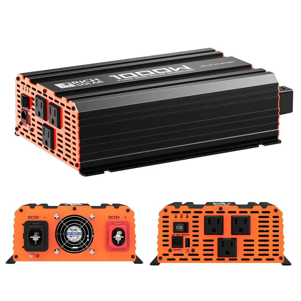 Technical overview of the Rich Solar 1000W industrial inverter showcasing three views: the main chassis, the DC 12V input terminal side with a cooling fan, and the AC output side.