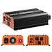 Technical overview of the Rich Solar 1000W industrial inverter showcasing three views: the main chassis, the DC 12V input terminal side with a cooling fan, and the AC output side.