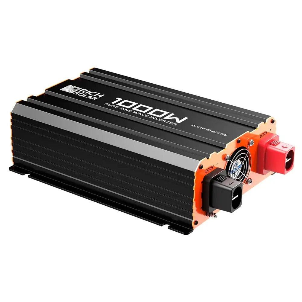 Rear angled view of the Rich Solar 1000W power inverter focusing on the heavy-duty positive and negative 12V DC terminals and central cooling fan.