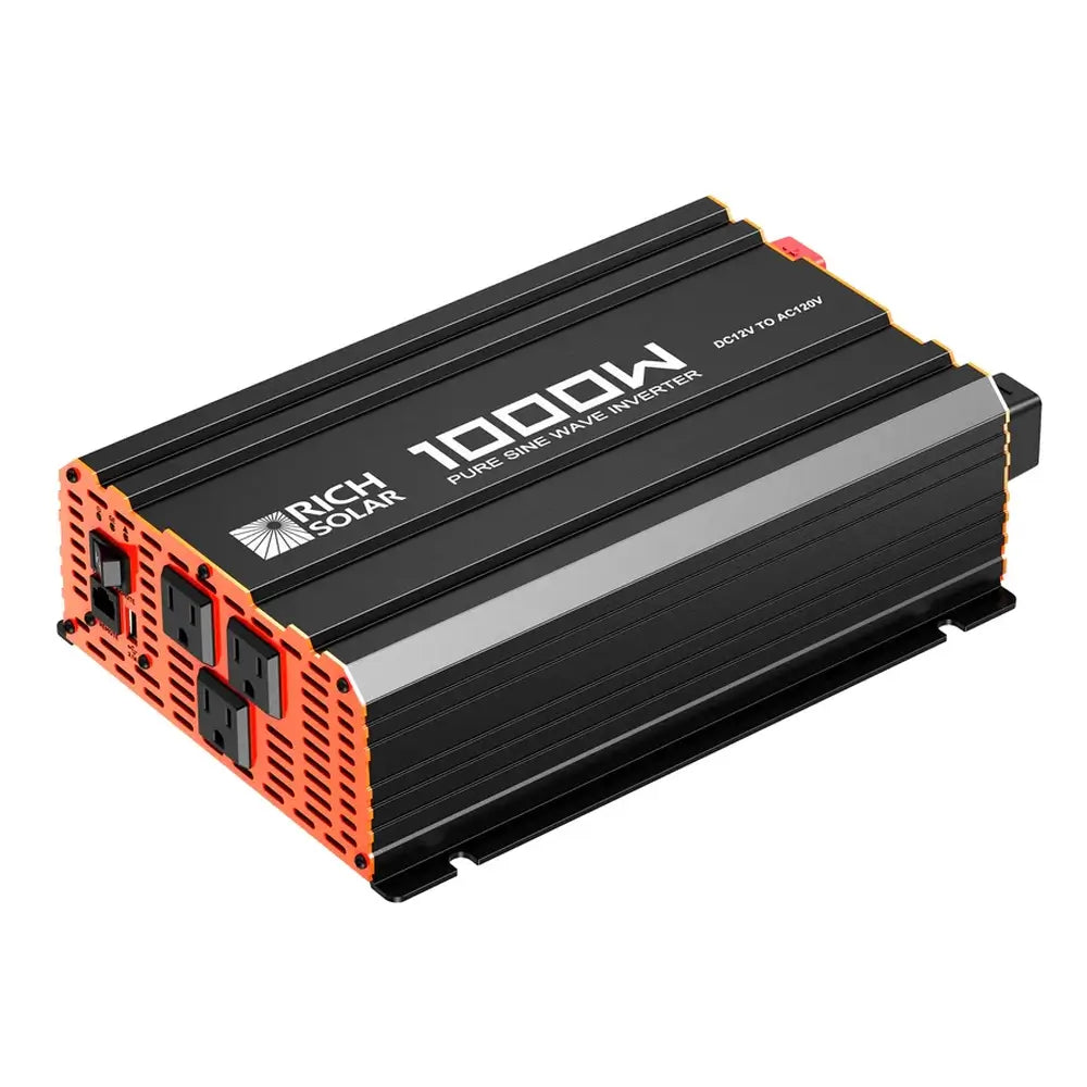 High-angle perspective of the Rich Solar NOVA PURE 1000W 12V DC to 120V AC inverter focusing on the triple AC outlet interface and ventilation ports.