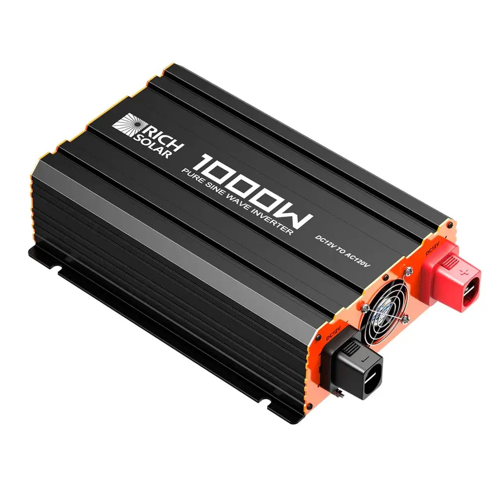 Side-profile view of the Rich Solar 1000W pure sine wave inverter highlighting its compact industrial build, durable aluminum heat sink fins, and orange mounting brackets.