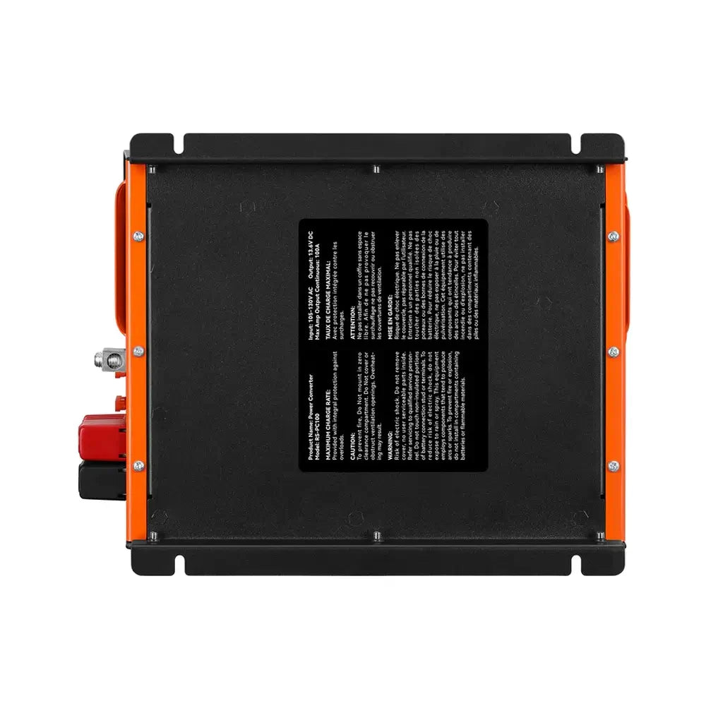 Bottom view product label of the Rich Solar RS-PC100 100A power converter charger showing electrical specifications, 105-130V AC input, 13.6V DC output, and safety warning information.