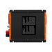 Bottom view product label of the Rich Solar RS-PC100 100A power converter charger showing electrical specifications, 105-130V AC input, 13.6V DC output, and safety warning information.