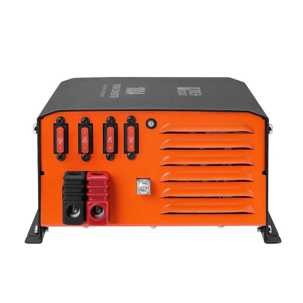 Direct front view of the connection interface on a Rich Solar 100A power converter charger featuring four orange 40-amp automotive fuses and DC output terminals.