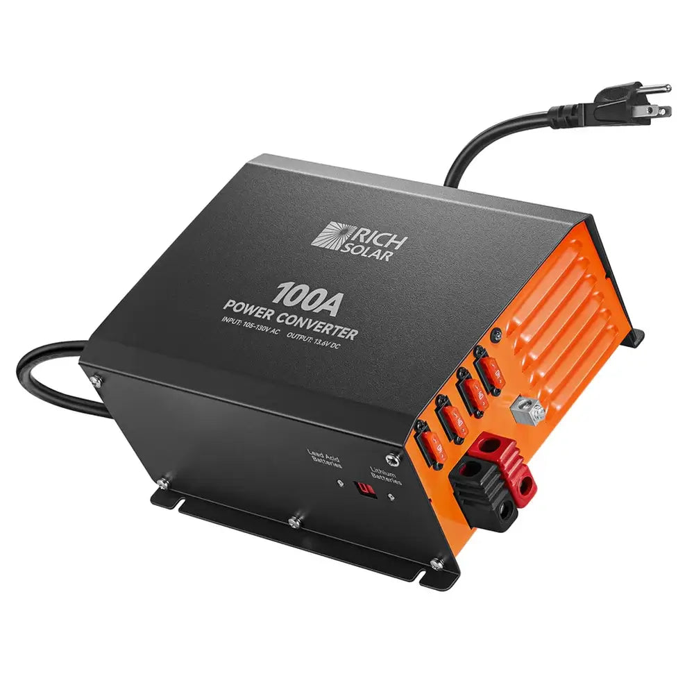 Comprehensive product shot of the Rich Solar RS-PC100 100A power converter charger with its integrated 3-prong AC power cord extended on a white background