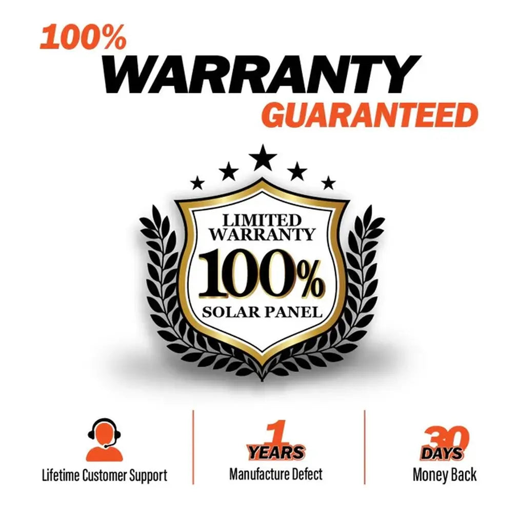 Rich Solar 100% warranty guaranteed badge for solar panels showing 1-year manufacture defect warranty, lifetime support, and 30-day money-back guarantee.