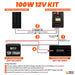 Wiring diagram for the Rich Solar 100W 12V solar kit, illustrating electrical connections between the solar panel, 20A MPPT charge controller, inline fuses, a 12V battery, and a 2000W power inverter.