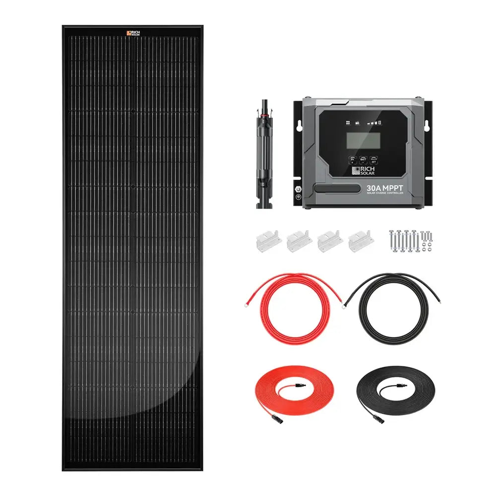 Rich Solar 100W Slim Solar Kit components including a 100W slim solar panel, 30A MPPT charge controller, mounting Z-brackets, inline fuse, and red and black adapter cables on a white background.