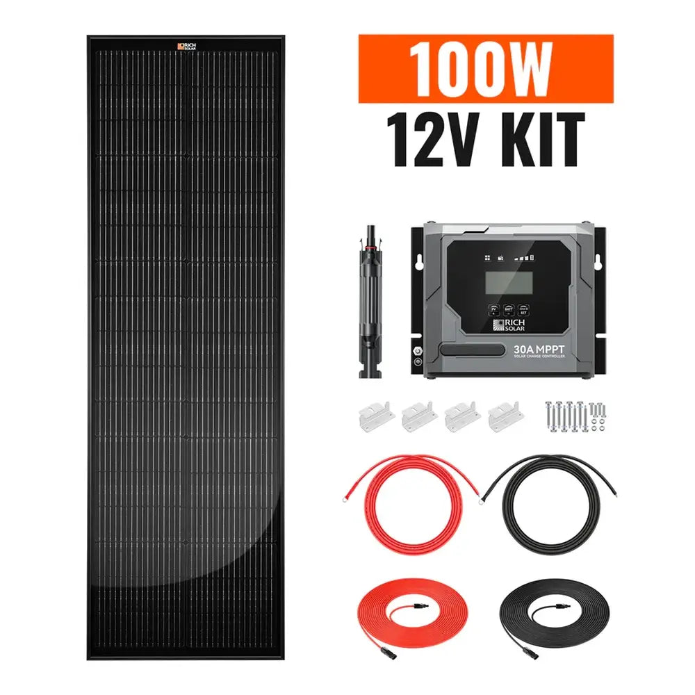 Rich Solar 100W 12V Kit product display with an orange text graphic badge, showcasing the complete off-grid solar setup with a slim monocrystalline panel and 30A MPPT controller.