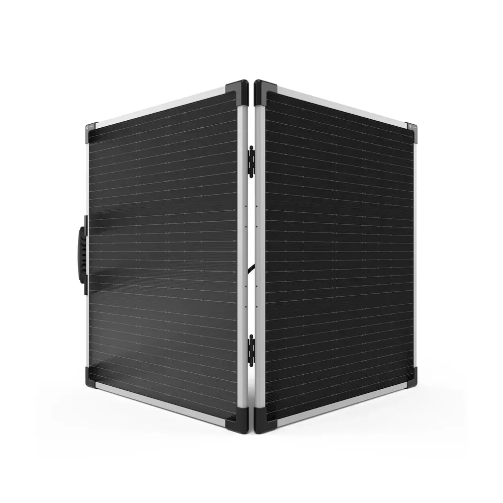 Lion Energy 100W LW portable solar panel partially folded in standing position with black monocrystalline panel surfaces and carry handle