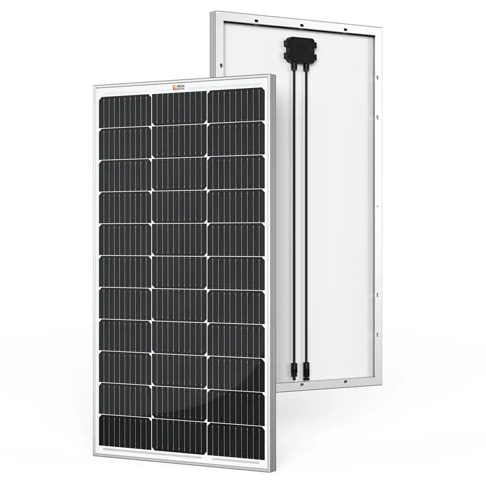 Front and back view of a Rich Solar MEGA 100 100W 12V monocrystalline solar panel with a silver aluminum frame and pre-attached junction box cables.