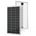 Front and back view of a Rich Solar MEGA 100 100W 12V monocrystalline solar panel with a silver aluminum frame and pre-attached junction box cables.