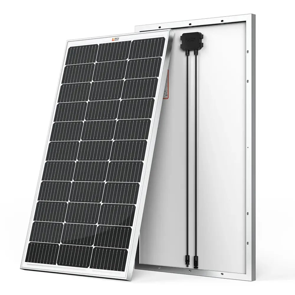 Angled front and back view of a Rich Solar 100 watt 12 volt monocrystalline solar panel highlighting the durable silver frame and solar cell grid.