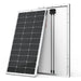Angled front and back view of a Rich Solar 100 watt 12 volt monocrystalline solar panel highlighting the durable silver frame and solar cell grid.