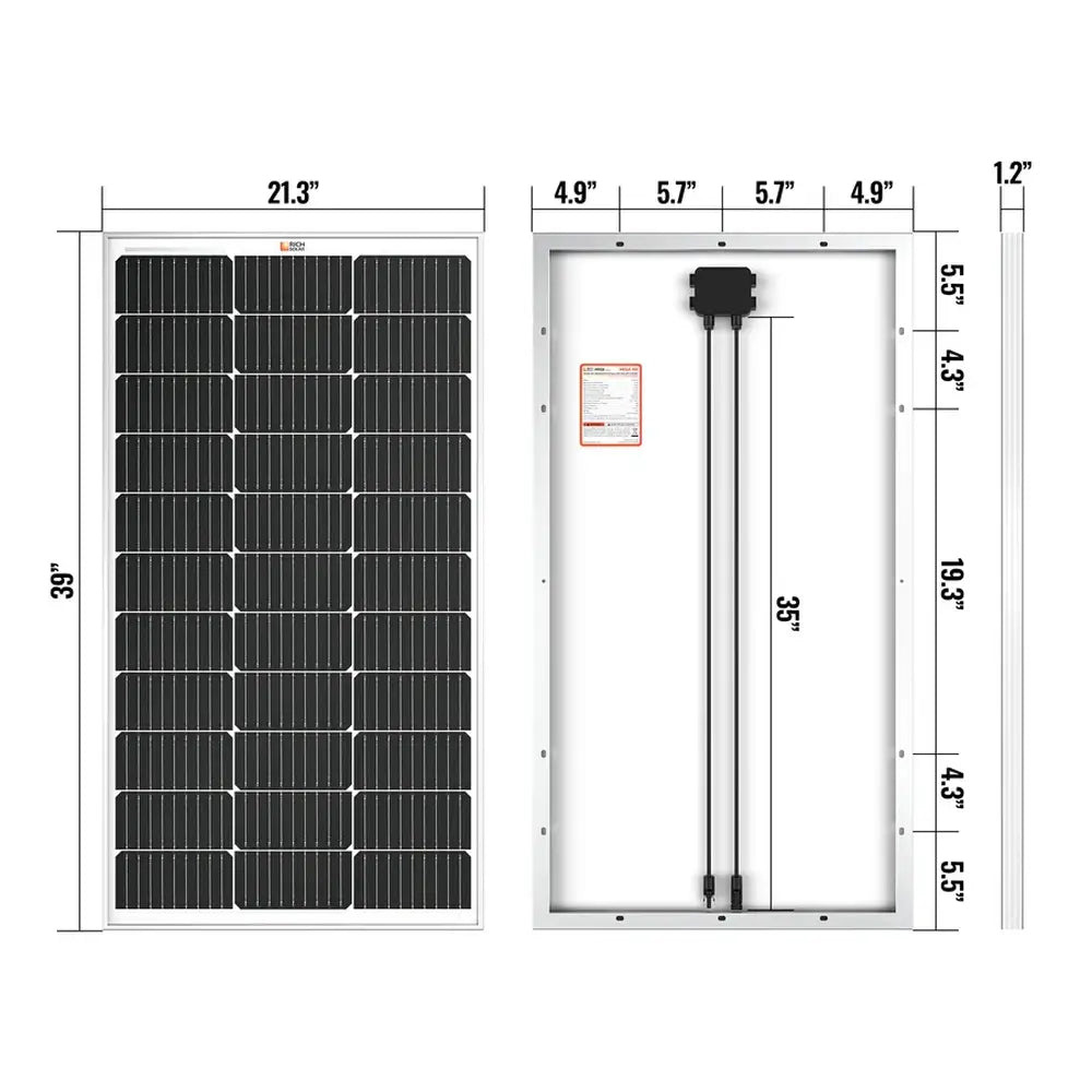 Dimension diagram of a Rich Solar MEGA 100 solar panel showing 39-inch height, 21.3-inch width, 1.2-inch thickness, and mounting hole spacing details.