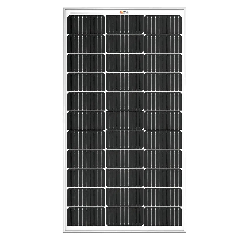 Direct front view of a Rich Solar 100W 12V monocrystalline solar panel displaying the dark high-efficiency solar cells and silver frame.