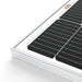 Close-up view of the corner grid design and anodized silver aluminum frame of a Rich Solar 100W monocrystalline solar panel.