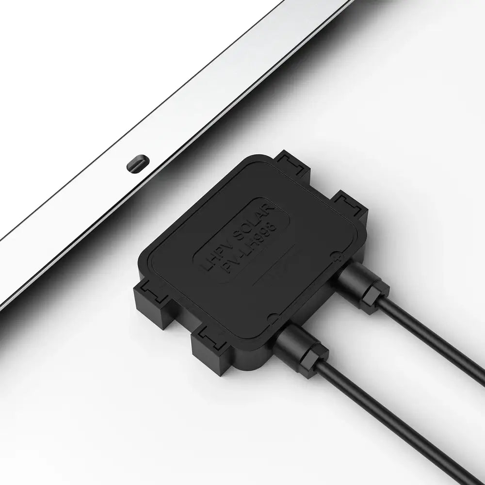 Close-up of the waterproof IP65/IP67 junction box and output cables on the back of a Rich Solar panel.