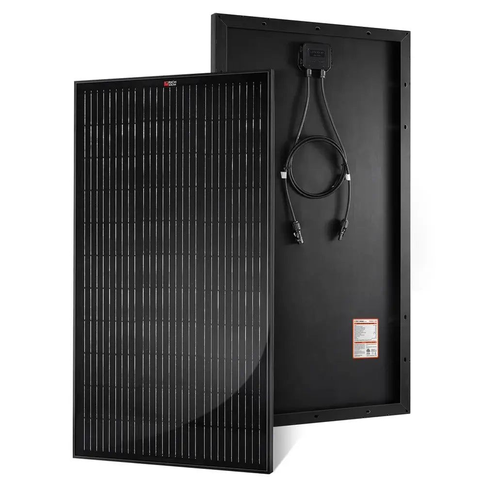 Front and back view of a Rich Solar ONYX 100W 12V all-black monocrystalline solar panel with a sleek black frame and coiled junction box cables.