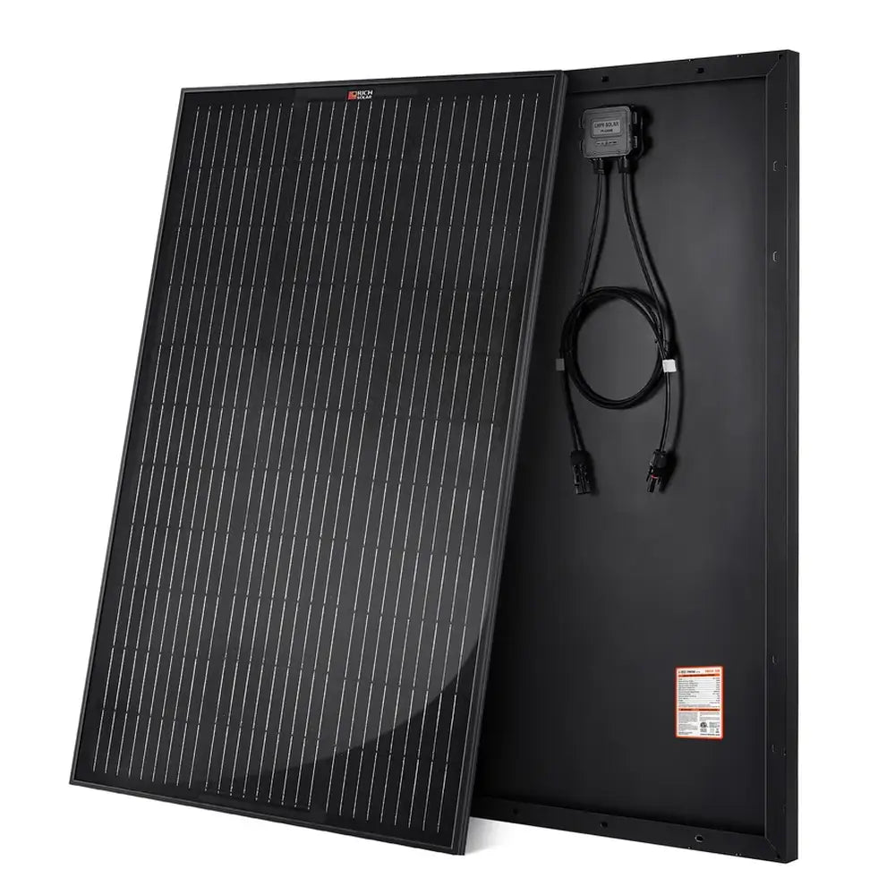 Angled view of the Rich Solar ONYX RS-M100B 100 watt all-black solar panel showcasing its premium matte black frame and backing.