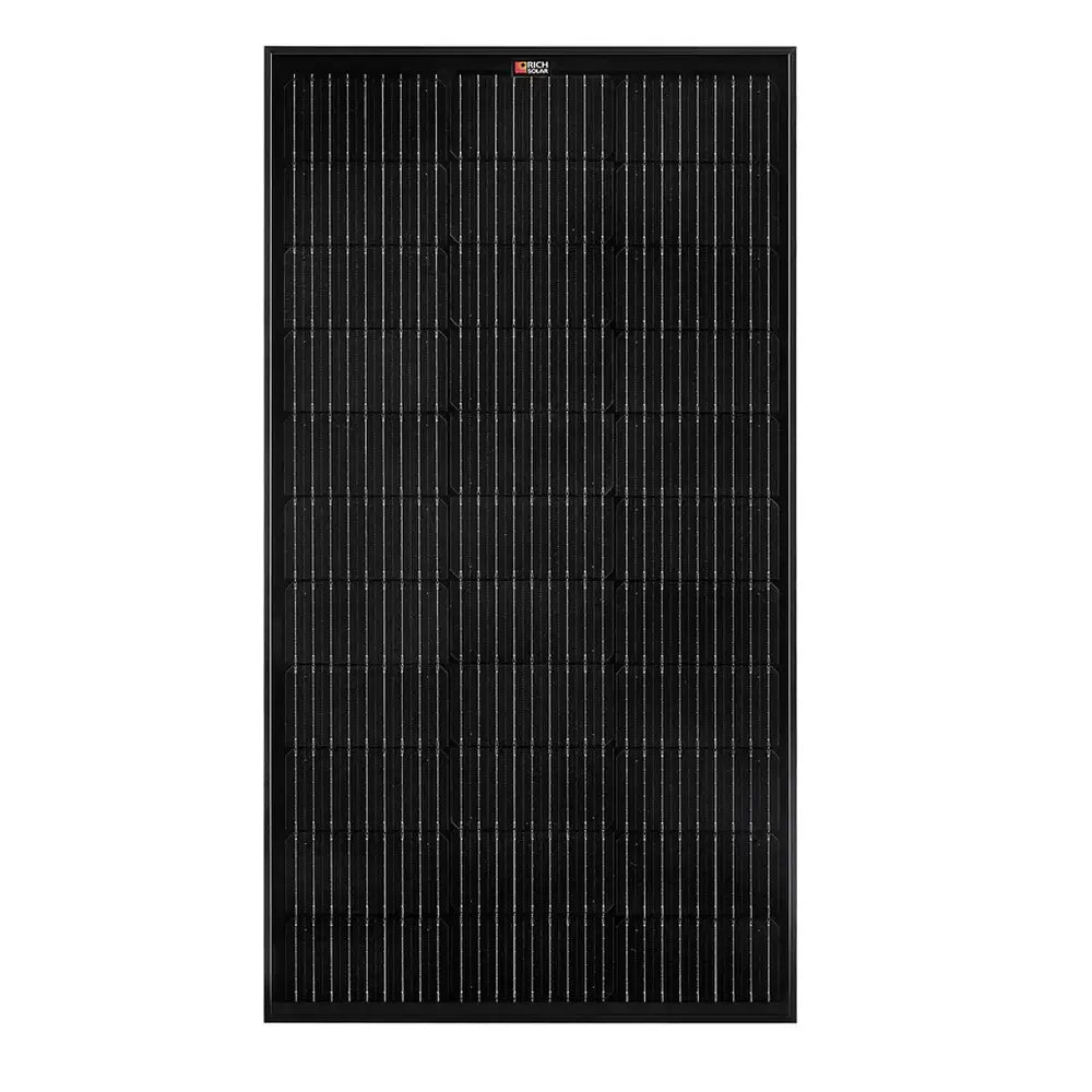 Direct front view of a Rich Solar ONYX 100W 12V all-black solar panel for a seamless, low-profile aesthetic on RVs or roofs.