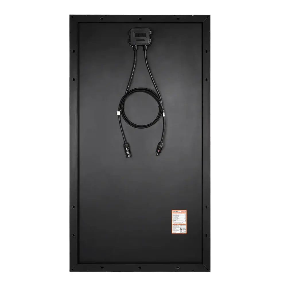 Direct back view of a Rich Solar ONYX 100W 12V all-black solar panel showcasing the black backsheet, central junction box, and technical specs label.