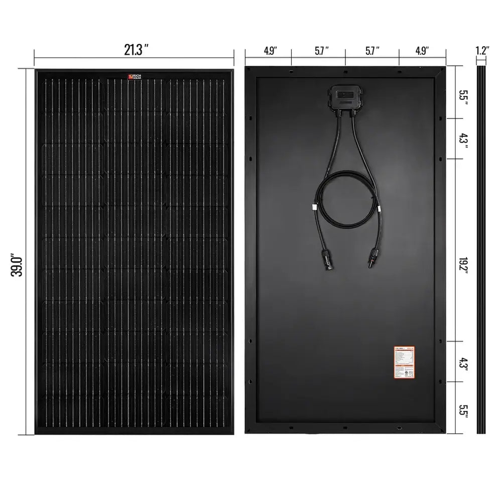 Close-up view of the corner grid lines and premium matte black aluminum frame on a Rich Solar ONYX 100 watt solar panel.