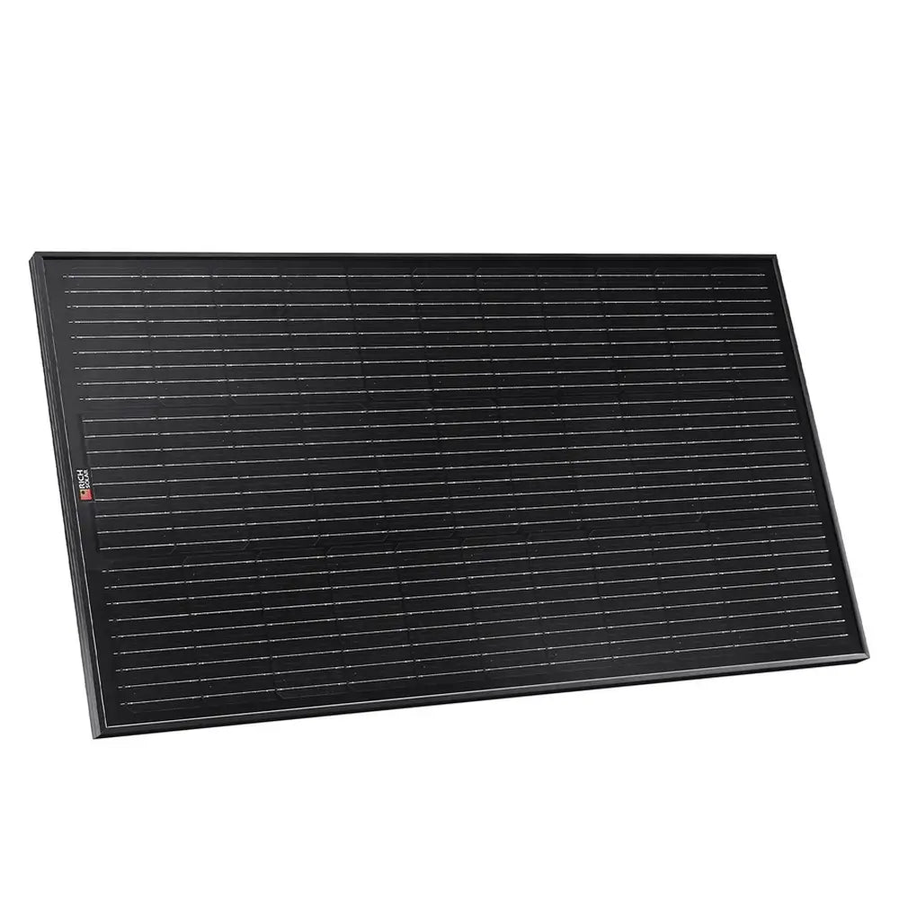 Close-up of the waterproof junction box and output cables on the back of a Rich Solar ONYX all-black monocrystalline solar panel.