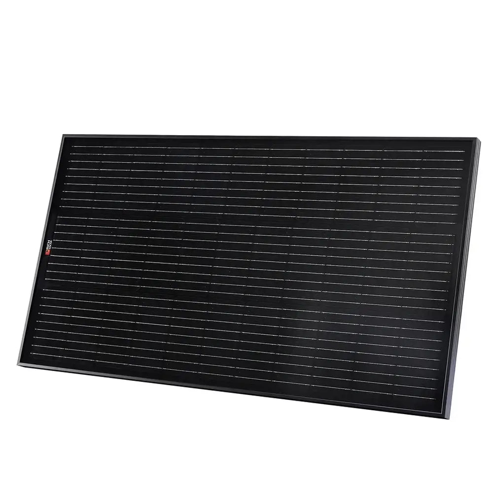 Technical specification label on the back of a Rich Solar ONYX RS-M100B 100W 12V monocrystalline solar panel detailing electrical data.